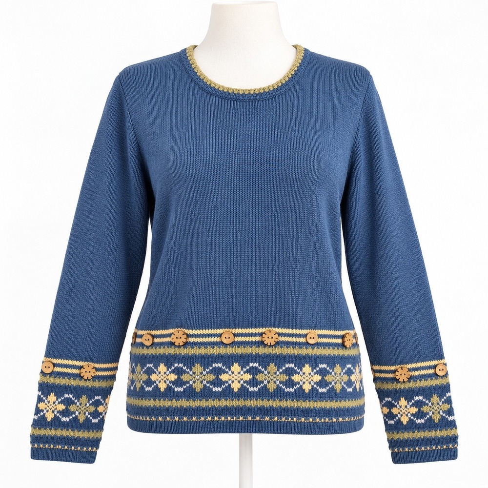 Vintage Hand Embroidered Cottagecore Sweater Size M Blue Granola Cabin Button